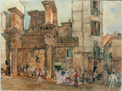 De schijnportiek van het Nervaforum in Rome met carnavalscène door Rudolf von Alt